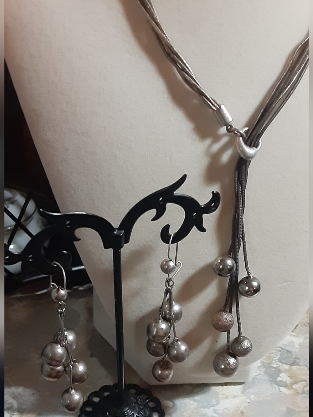 Vintage Sterling Silver Ball & Chain Lariat and Earrings c1970-80